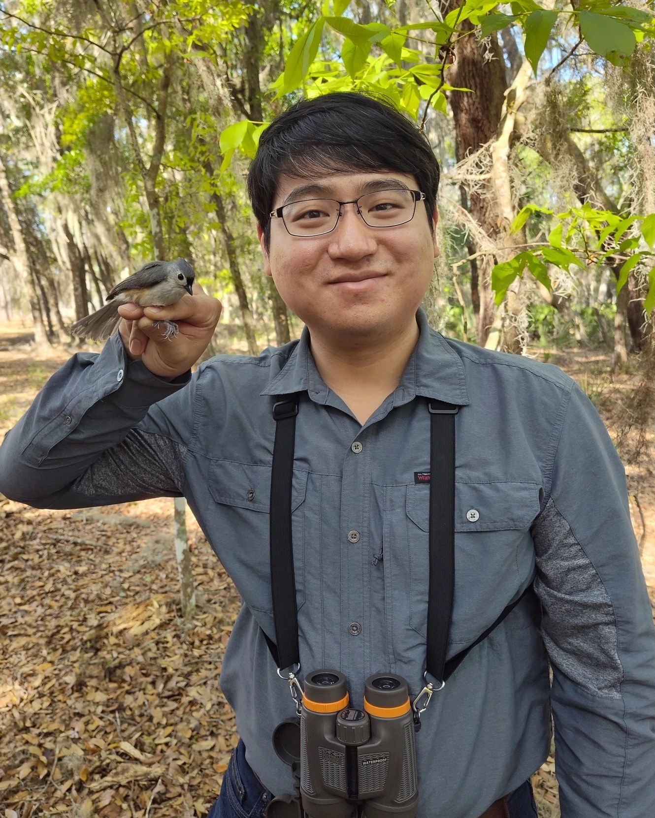 Po-An Chen standing in a wooded field site while holding a small bird, with binoculars around his neck.