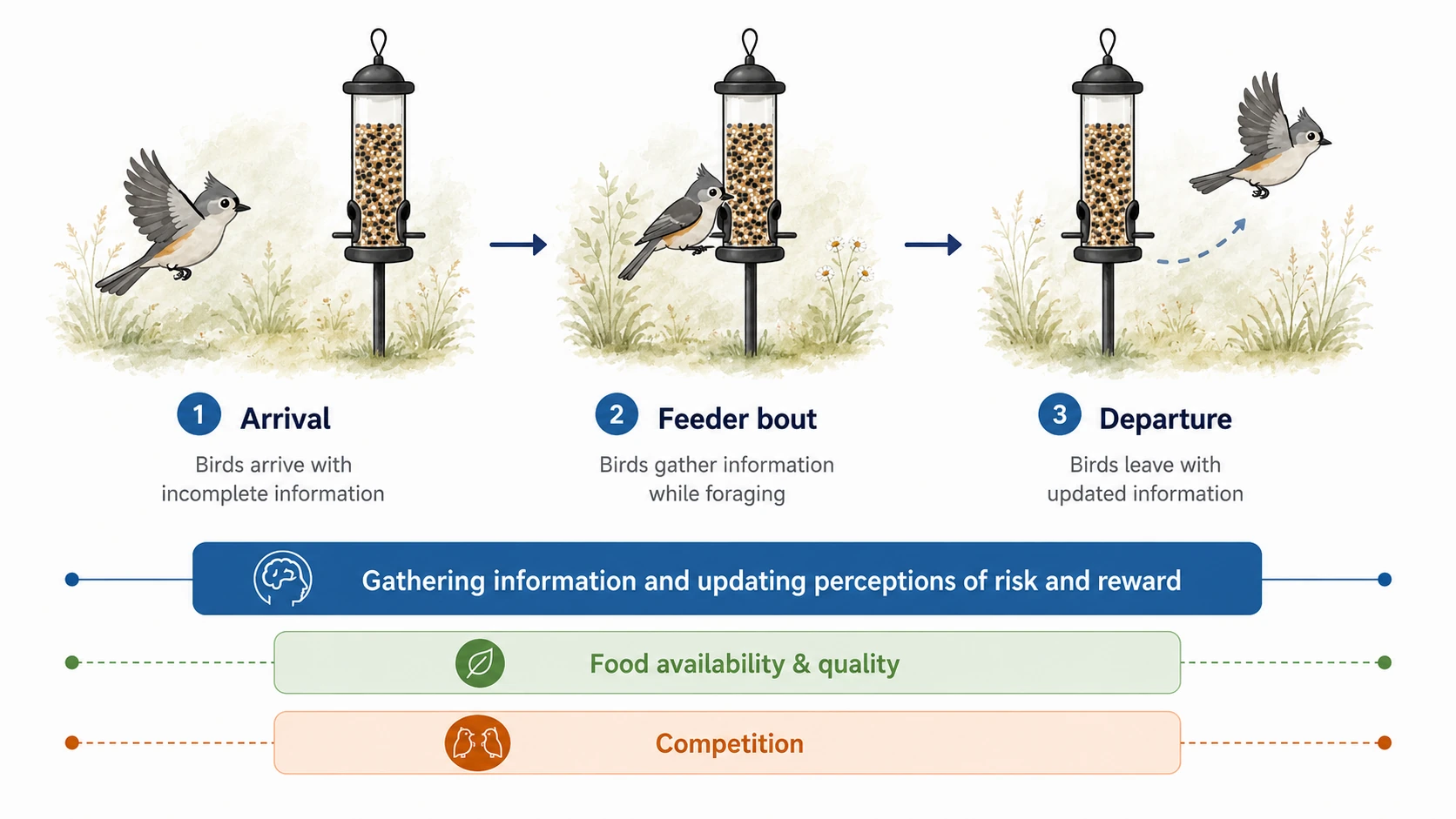 Conceptual diagram showing a bird arriving at a feeder with incomplete information, gathering information during a feeder bout, and departing with updated information.