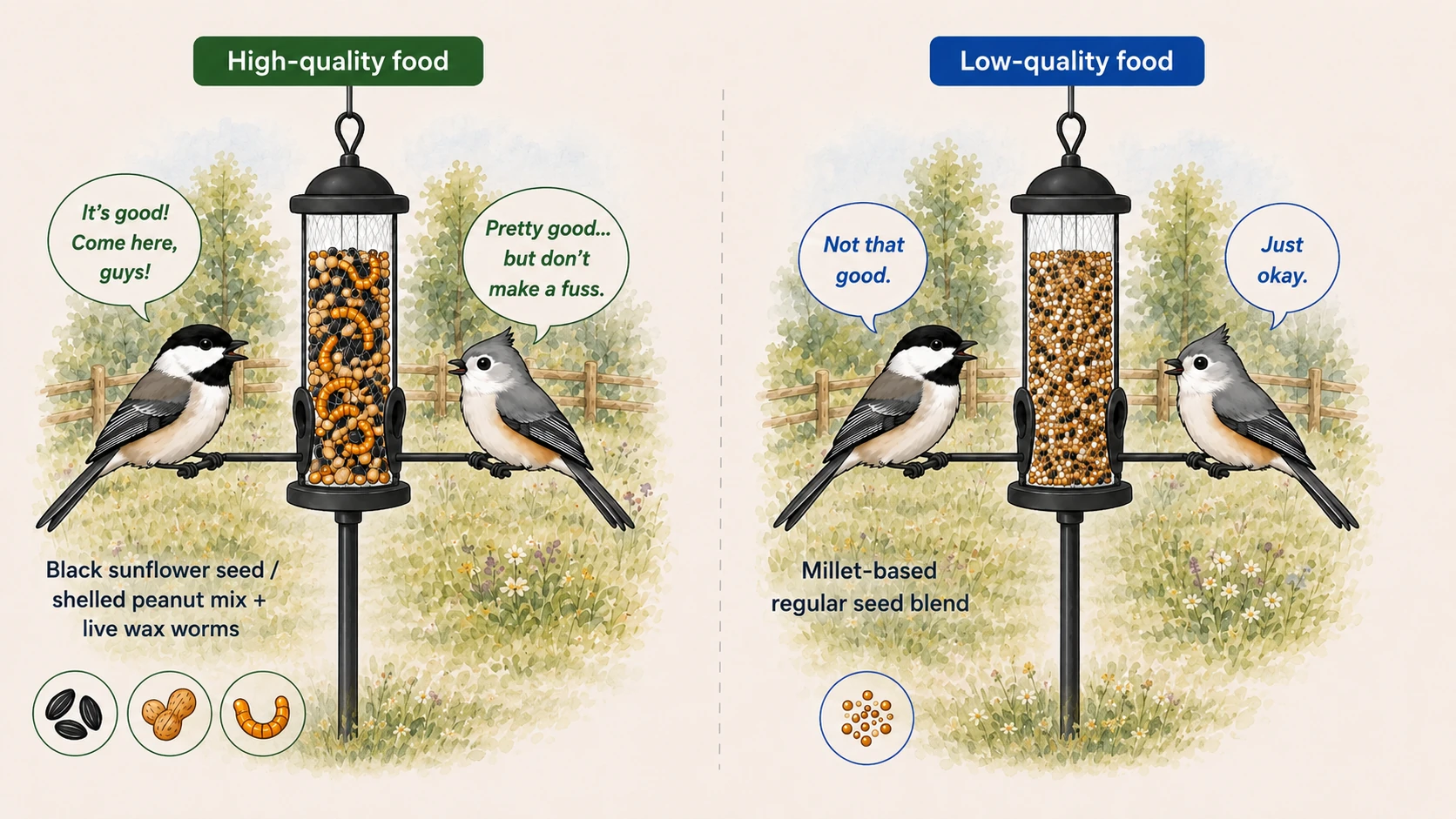 Conceptual comparison of high-quality and low-quality feeder resources and the vocal responses of Carolina Chickadees and Tufted Titmice.