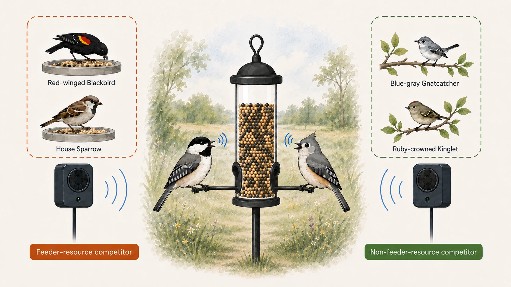 Conceptual playback experiment contrasting feeder-resource competitor sounds with non-feeder-resource competitor sounds while Carolina Chickadees and Tufted Titmice forage at a feeder.