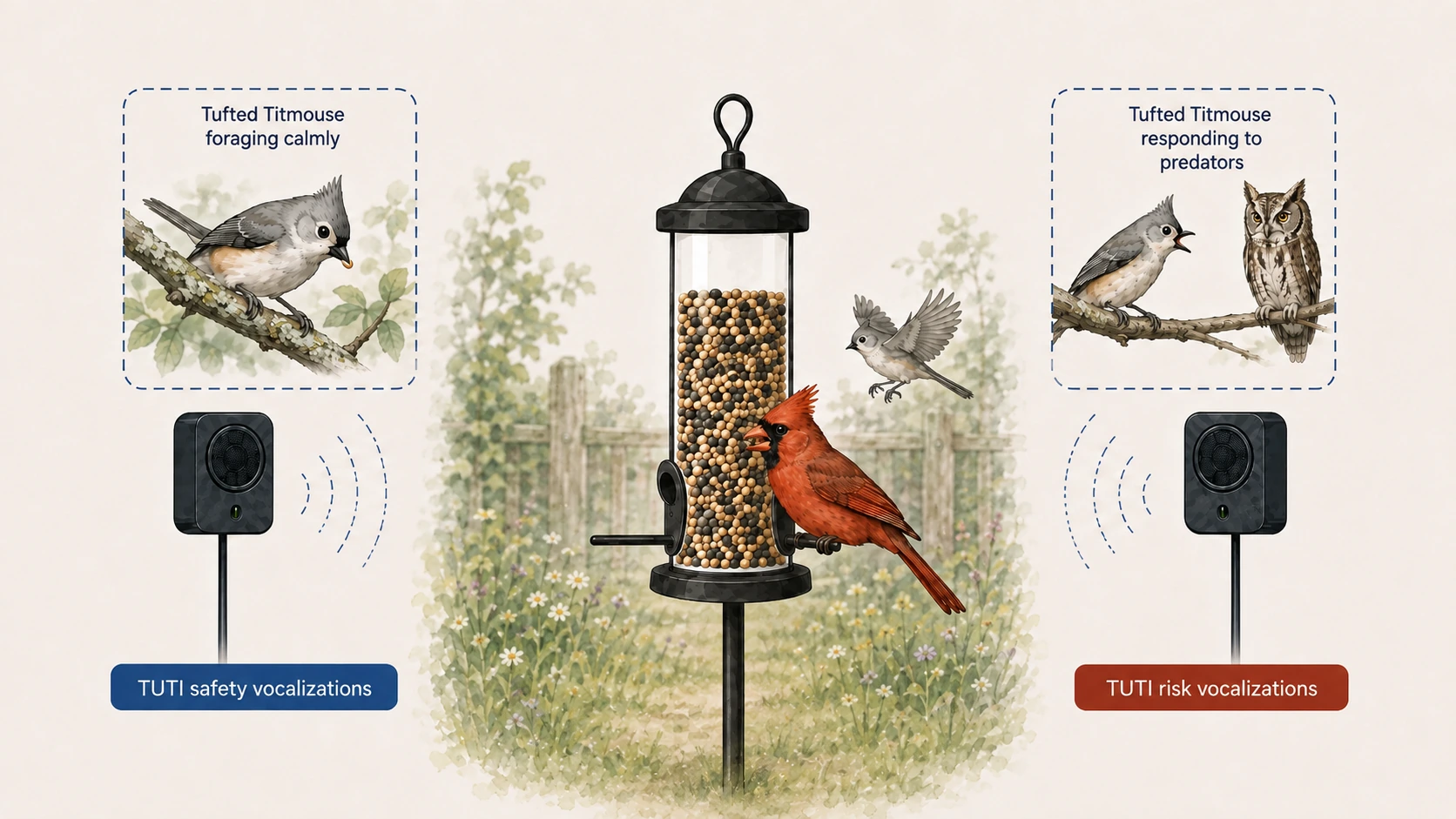 Conceptual diagram showing Tufted Titmouse safety and risk vocalization playbacks around a feeder used by a Northern Cardinal, with an approaching Tufted Titmouse in the background.